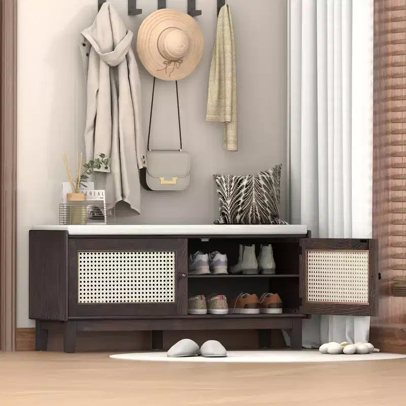 43" Rattan Entryway Bench with Storage and Cushion
