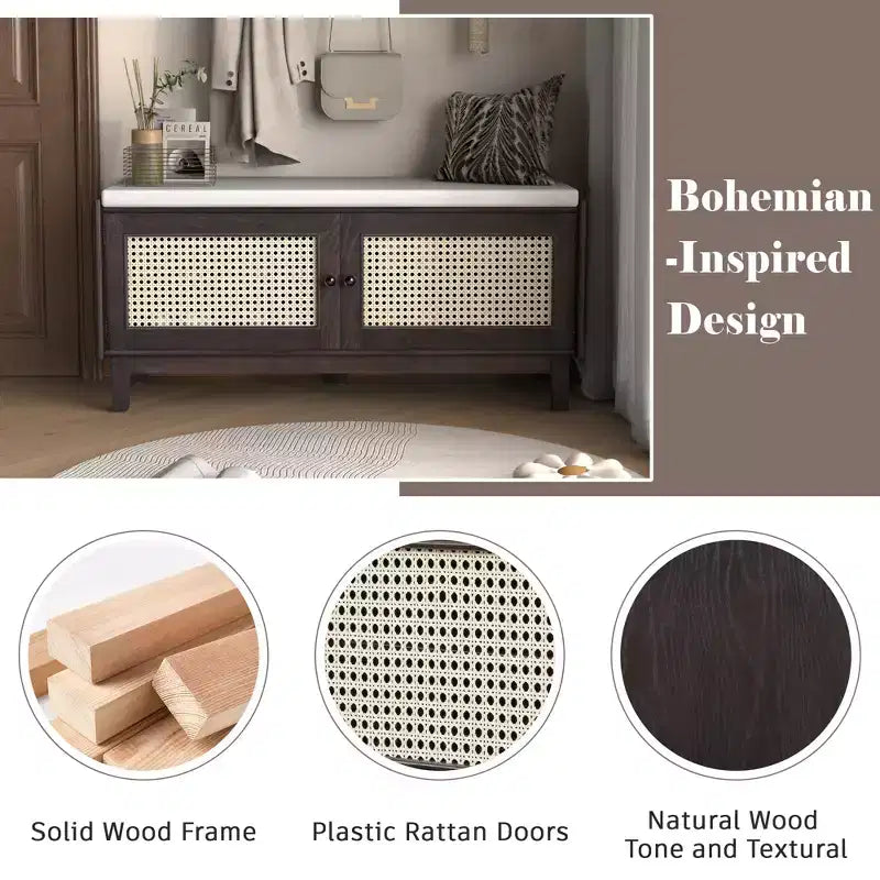 43" Rattan Entryway Bench with Storage and Cushion