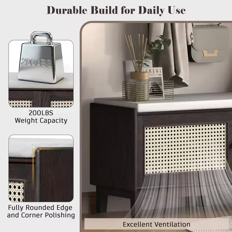 43" Rattan Entryway Bench with Storage and Cushion