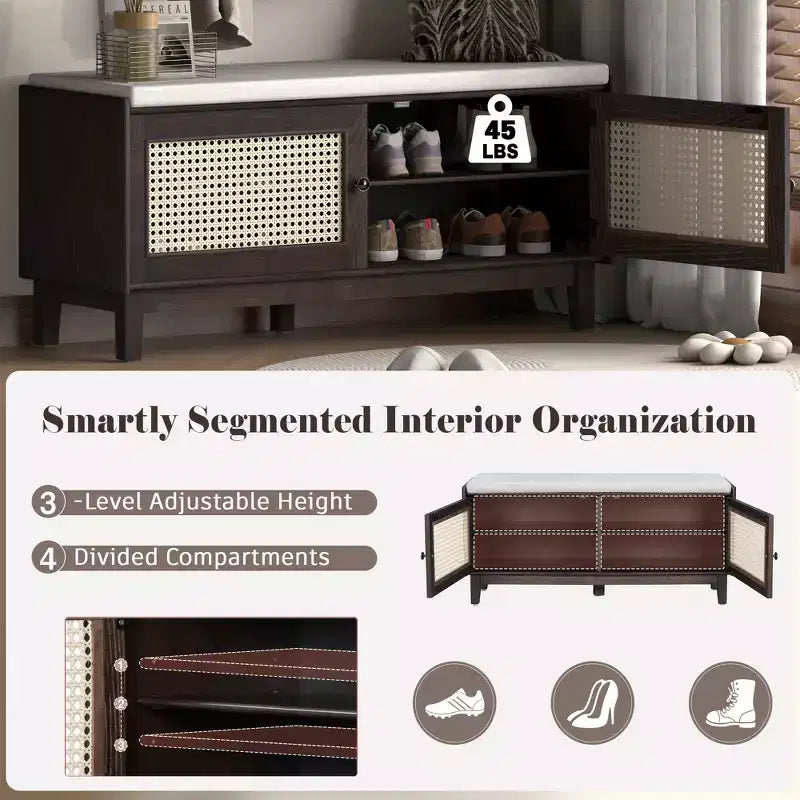 43" Rattan Entryway Bench with Storage and Cushion