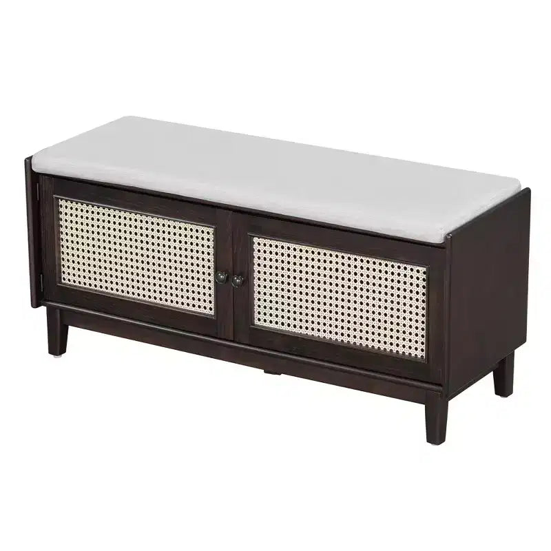43" Rattan Entryway Bench with Storage and Cushion