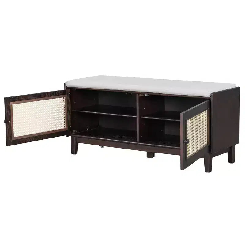 43" Rattan Entryway Bench with Storage and Cushion