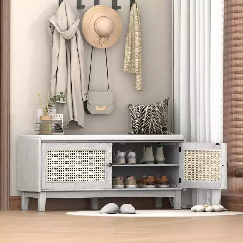 43" Rattan Entryway Bench with Storage and Cushion