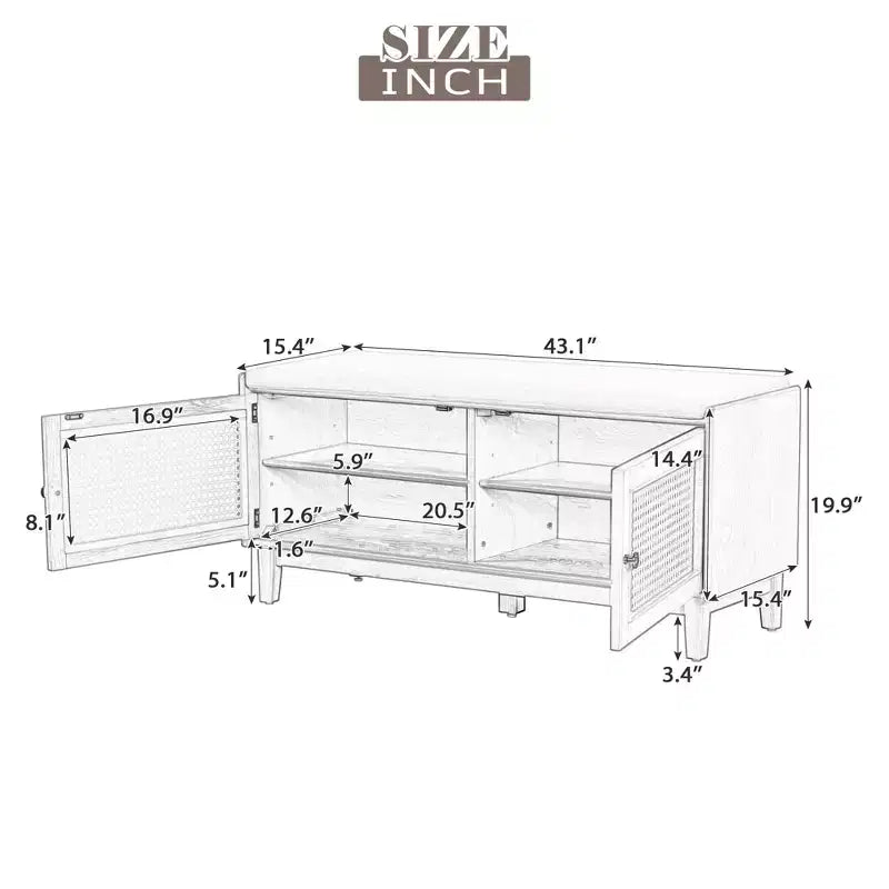 43" Rattan Entryway Bench with Storage and Cushion