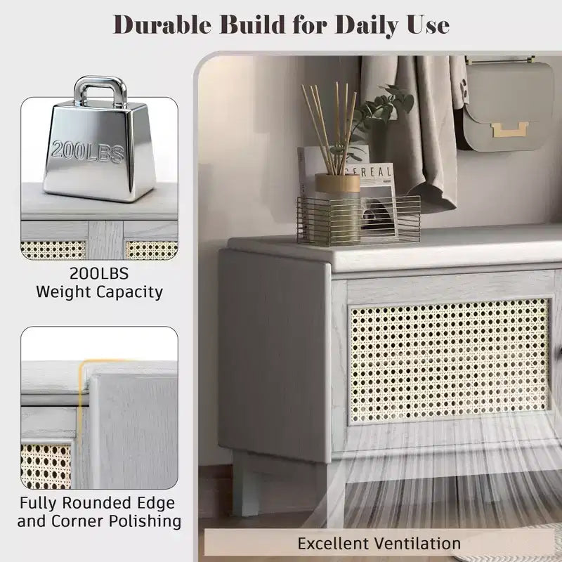 43" Rattan Entryway Bench with Storage and Cushion