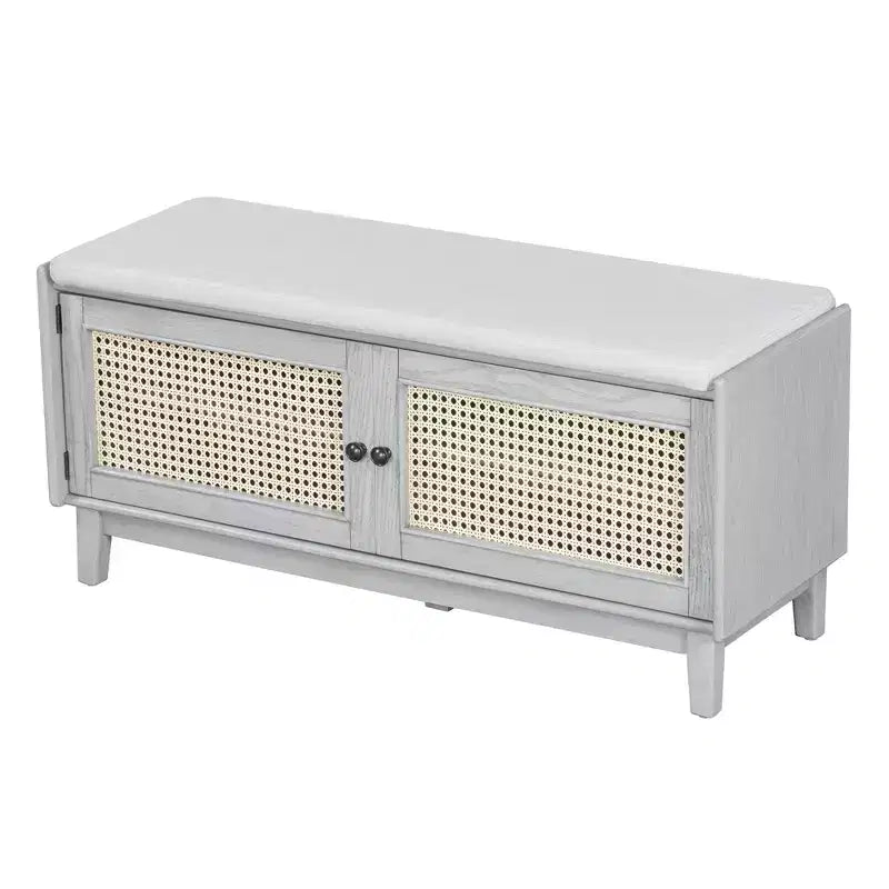 43" Rattan Entryway Bench with Storage and Cushion