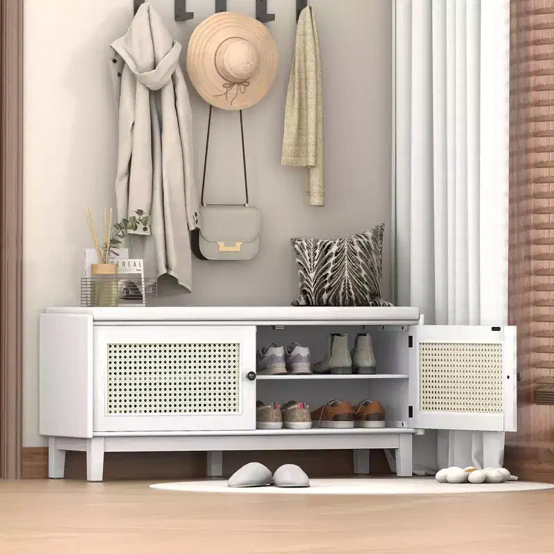 43" Rattan Entryway Bench with Storage and Cushion