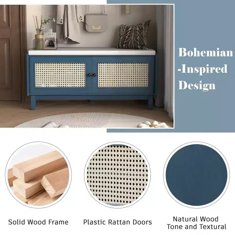 43" Rattan Entryway Bench with Storage and Cushion