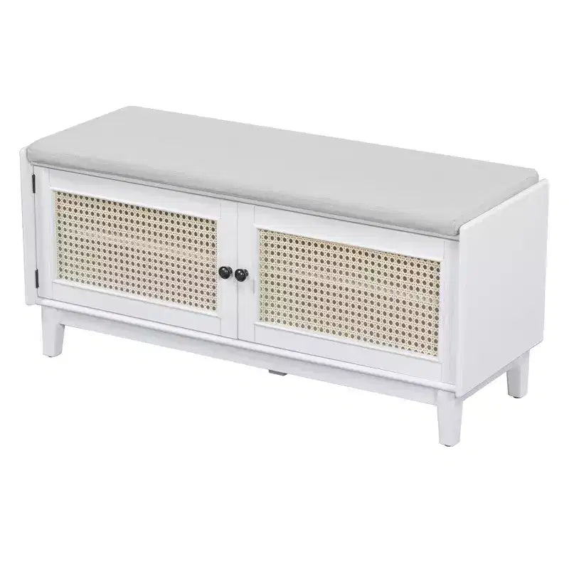 43" Rattan Entryway Bench with Storage and Cushion