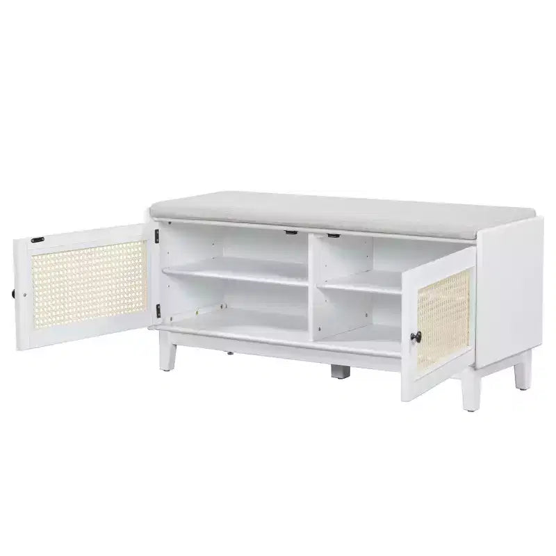 43" Rattan Entryway Bench with Storage and Cushion