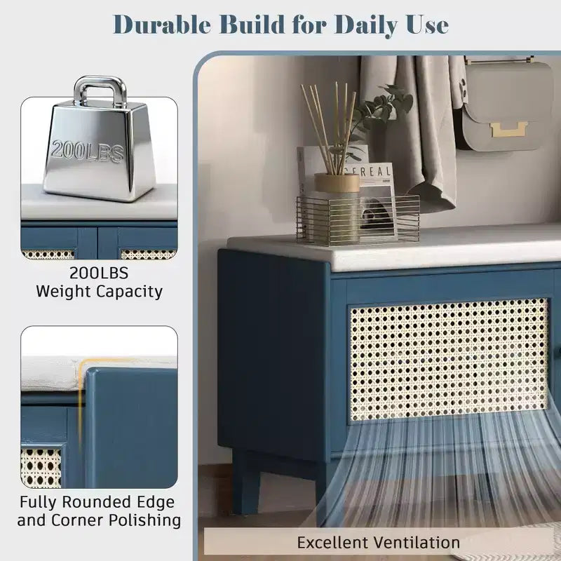 43" Rattan Entryway Bench with Storage and Cushion