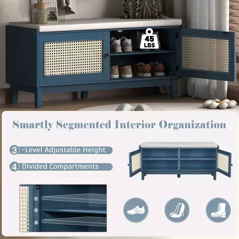 43" Rattan Entryway Bench with Storage and Cushion