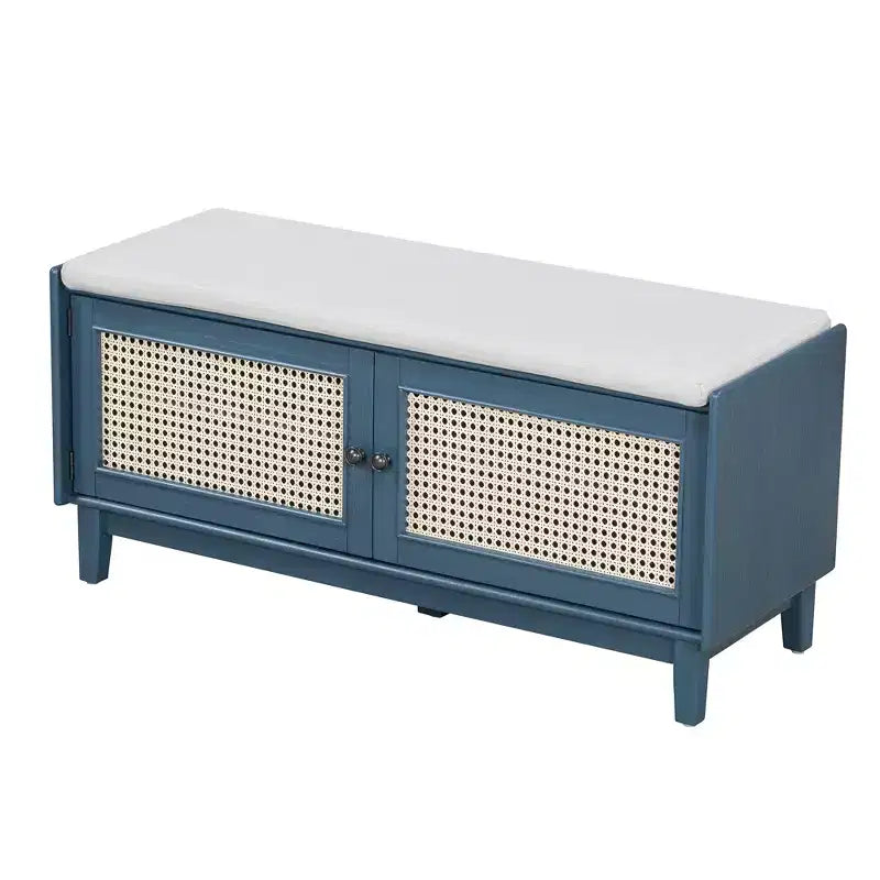 43" Rattan Entryway Bench with Storage and Cushion
