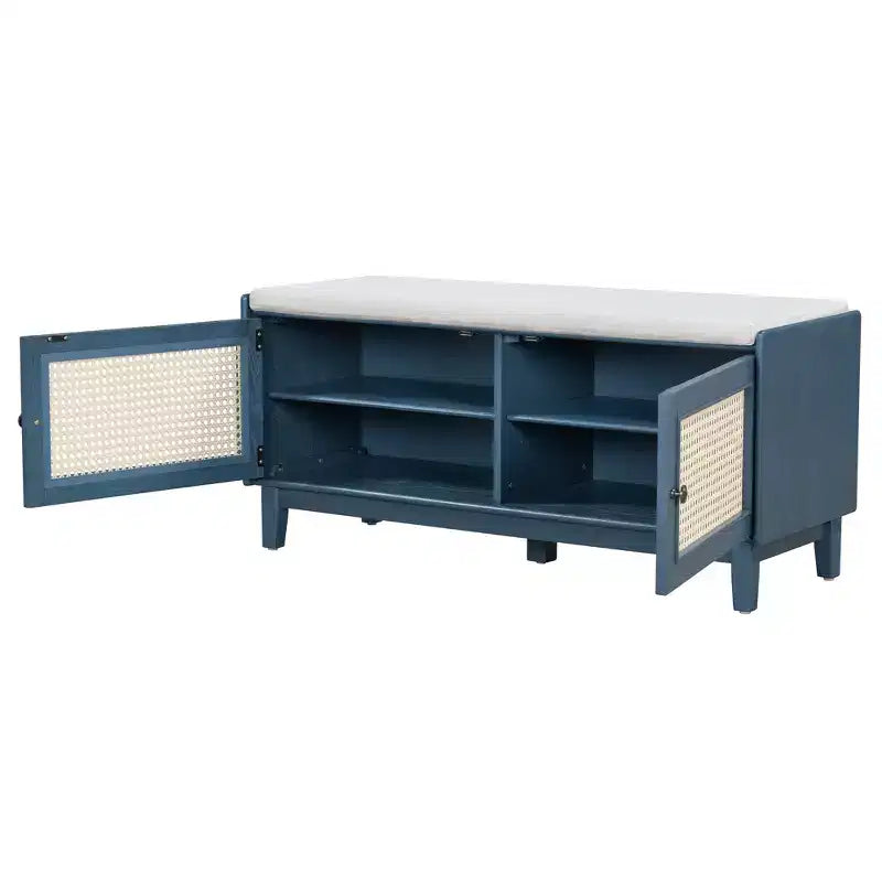 43" Rattan Entryway Bench with Storage and Cushion