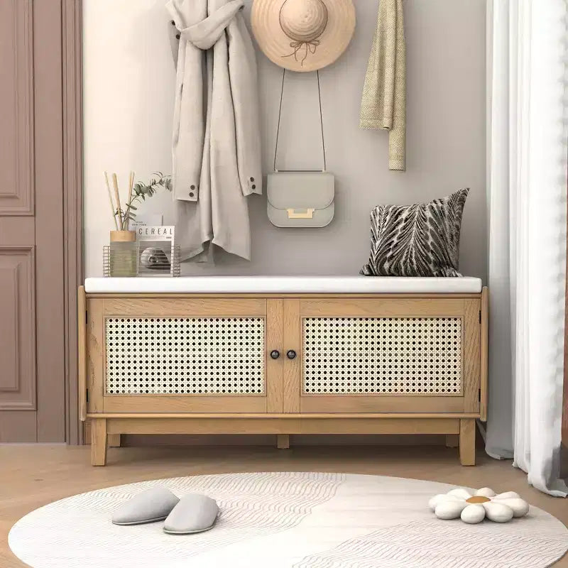 43" Rattan Entryway Bench with Storage and Cushion