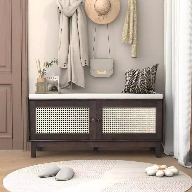 43" Rattan Entryway Bench with Storage and Cushion