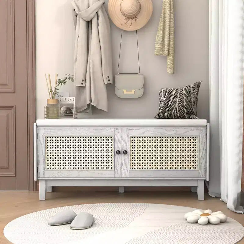 43" Rattan Entryway Bench with Storage and Cushion