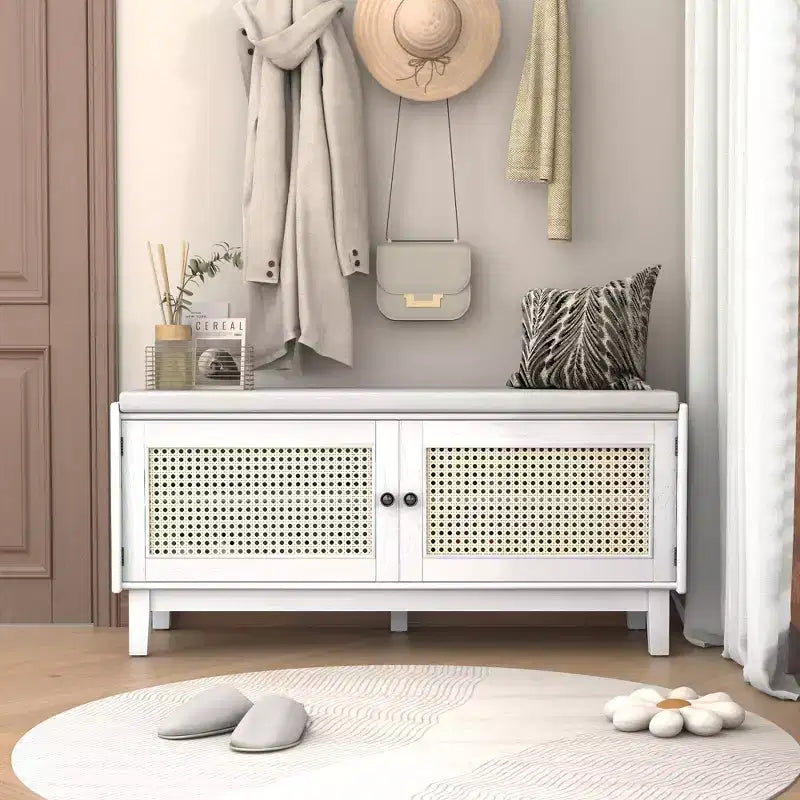 43" Rattan Entryway Bench with Storage and Cushion