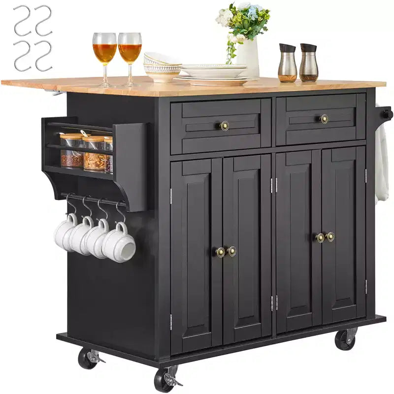 VEVOR Kitchen Island Cart, 43 Wood Top Mobile Carts with Storage Cabinet, Rolling Table with Drop Leaf, Spice Rack, Towel Bar, Black