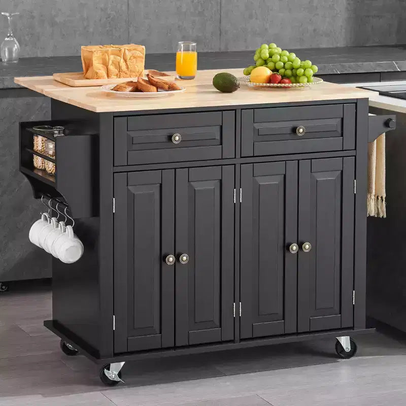 Kitchen Island Cart, 43" Wood Top Mobile Cart with Storage Cabinet, Rolling Table with Drop Leaf, Spice Rack, Towel Bar, Black