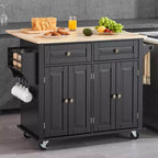 Kitchen Island Cart, 43" Wood Top Mobile Cart with Storage Cabinet, Rolling Table with Drop Leaf, Spice Rack, Towel Bar, Black