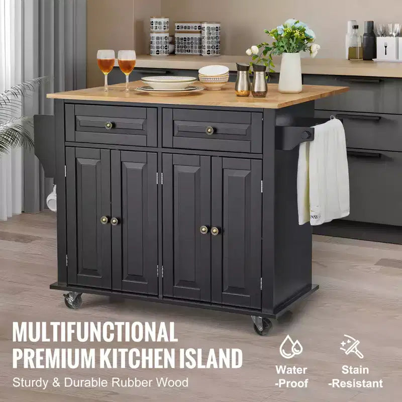 Kitchen Island Cart, 43" Wood Top Mobile Cart with Storage Cabinet, Rolling Table with Drop Leaf, Spice Rack, Towel Bar, Black