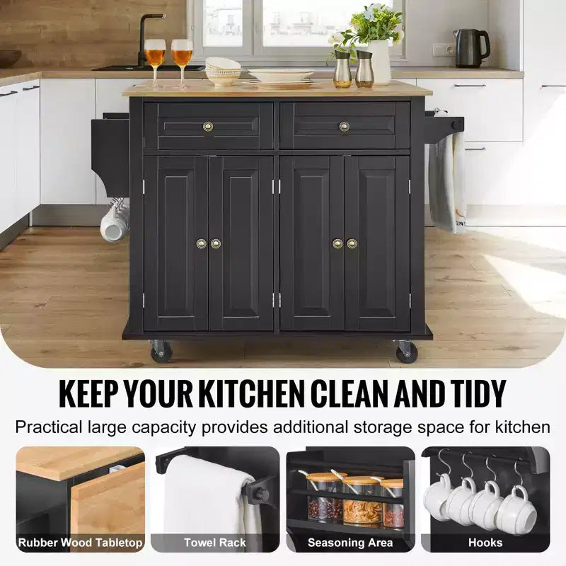 Kitchen Island Cart, 43" Wood Top Mobile Cart with Storage Cabinet, Rolling Table with Drop Leaf, Spice Rack, Towel Bar, Black