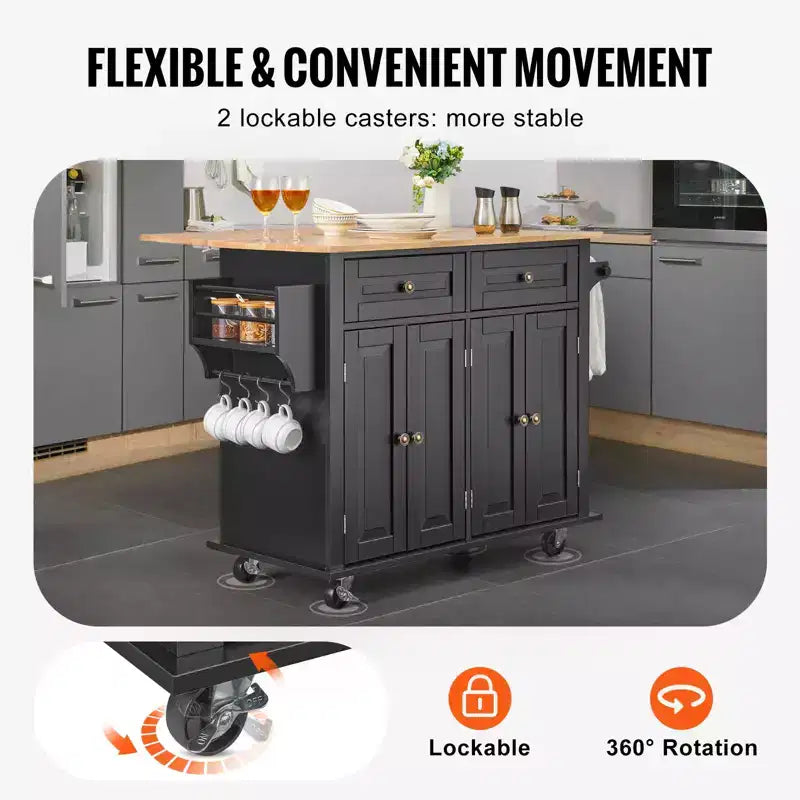Kitchen Island Cart, 43" Wood Top Mobile Cart with Storage Cabinet, Rolling Table with Drop Leaf, Spice Rack, Towel Bar, Black