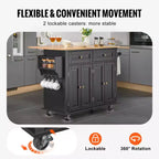 Kitchen Island Cart, 43" Wood Top Mobile Cart with Storage Cabinet, Rolling Table with Drop Leaf, Spice Rack, Towel Bar, Black