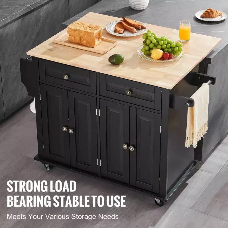 Kitchen Island Cart, 43" Wood Top Mobile Cart with Storage Cabinet, Rolling Table with Drop Leaf, Spice Rack, Towel Bar, Black