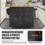 Kitchen Island Cart, 43" Wood Top Mobile Cart with Storage Cabinet, Rolling Table with Drop Leaf, Spice Rack, Towel Bar, Black