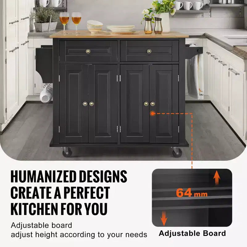 Kitchen Island Cart, 43" Wood Top Mobile Cart with Storage Cabinet, Rolling Table with Drop Leaf, Spice Rack, Towel Bar, Black