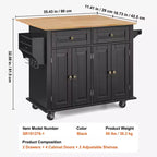 Kitchen Island Cart, 43" Wood Top Mobile Cart with Storage Cabinet, Rolling Table with Drop Leaf, Spice Rack, Towel Bar, Black