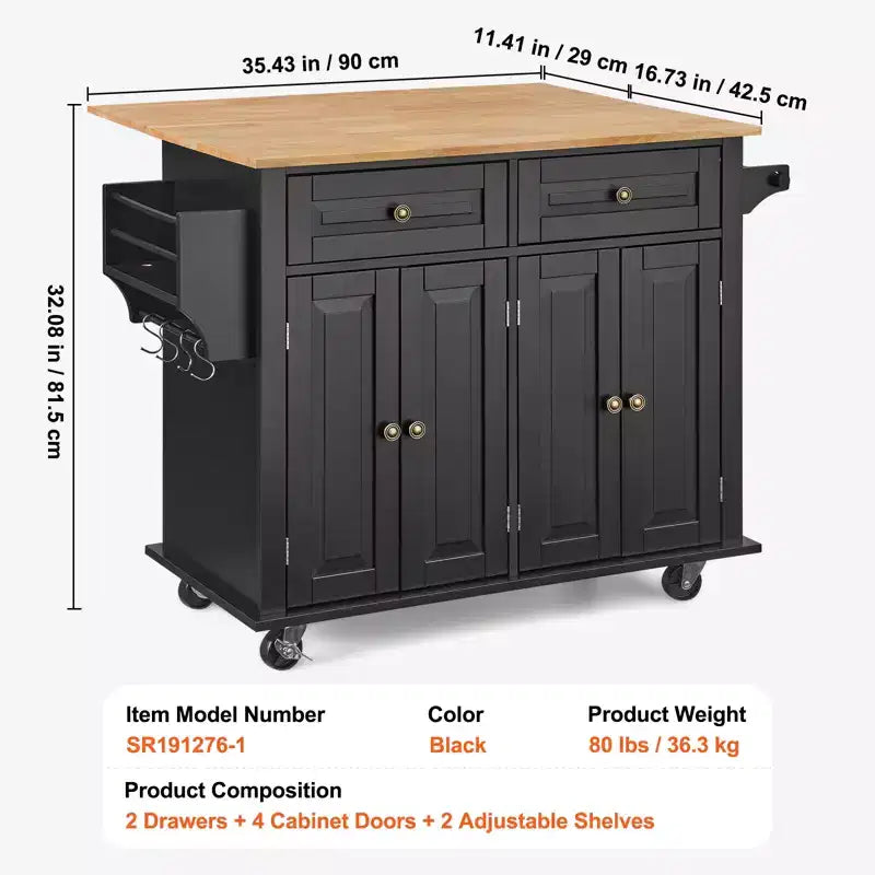 Kitchen Island Cart, 43" Wood Top Mobile Cart with Storage Cabinet, Rolling Table with Drop Leaf, Spice Rack, Towel Bar, Black