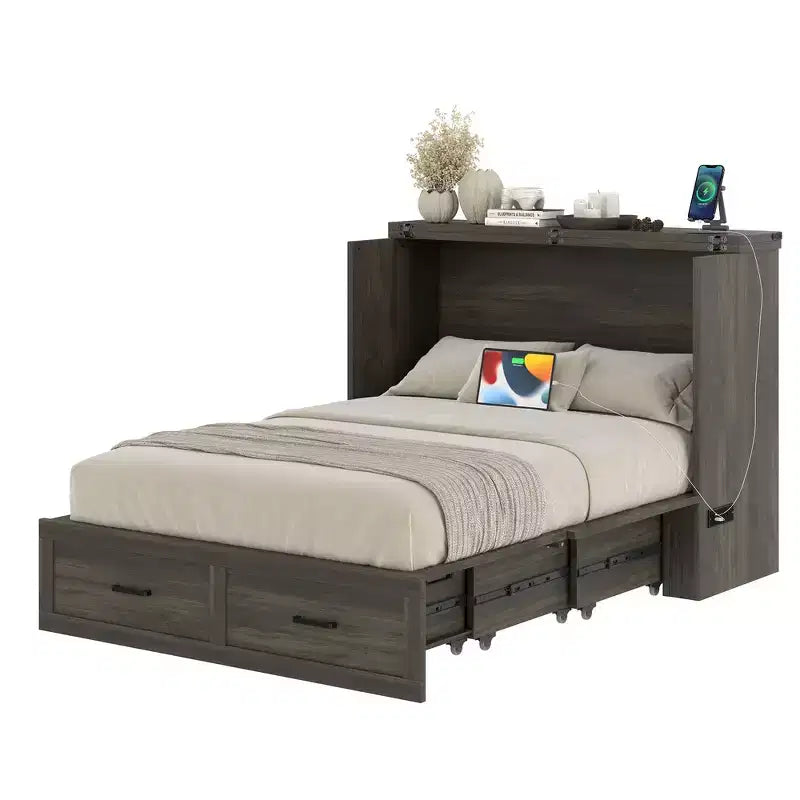Full Size Murphy Bed Cabinet, Foldable Platform Bed Frame with Storage Drawer