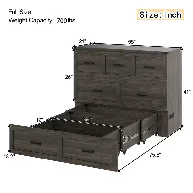 Full Size Murphy Bed Cabinet, Foldable Platform Bed Frame with Storage Drawer