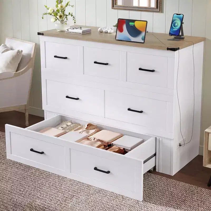 Full Size Murphy Bed Cabinet, Foldable Platform Bed Frame with Storage Drawer
