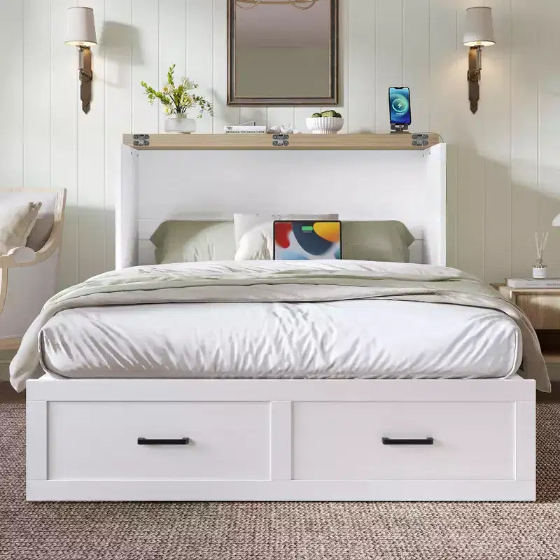 Full Size Murphy Bed Cabinet, Foldable Platform Bed Frame with Storage Drawer
