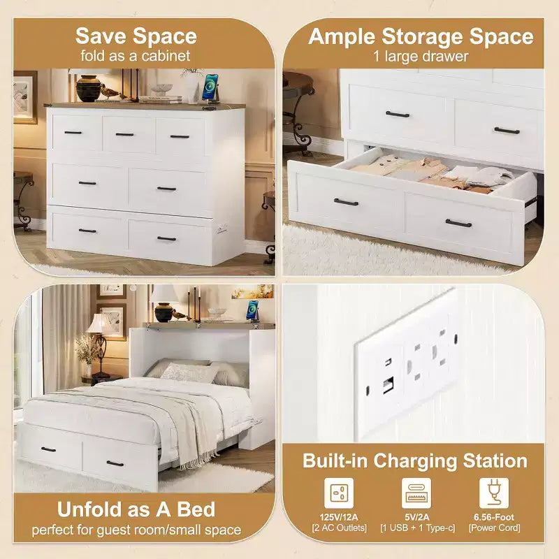 Full Size Murphy Bed Cabinet, Foldable Platform Bed Frame with Storage Drawer