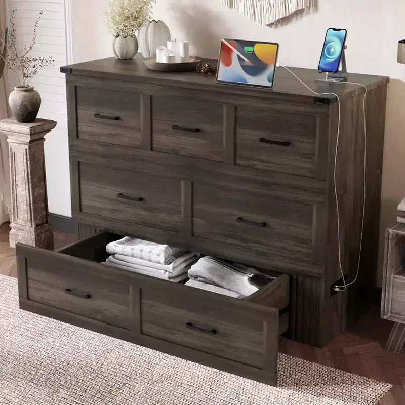 Full Size Murphy Bed Cabinet, Foldable Platform Bed Frame with Storage Drawer
