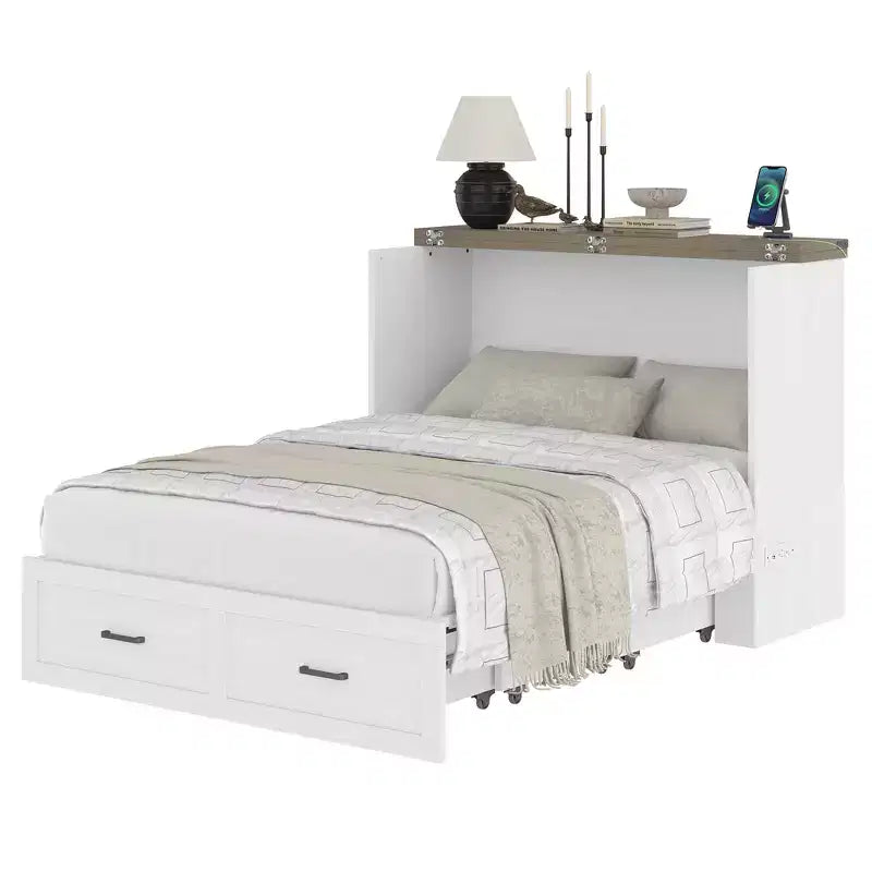 Full Size Murphy Bed Cabinet, Foldable Platform Bed Frame with Storage Drawer