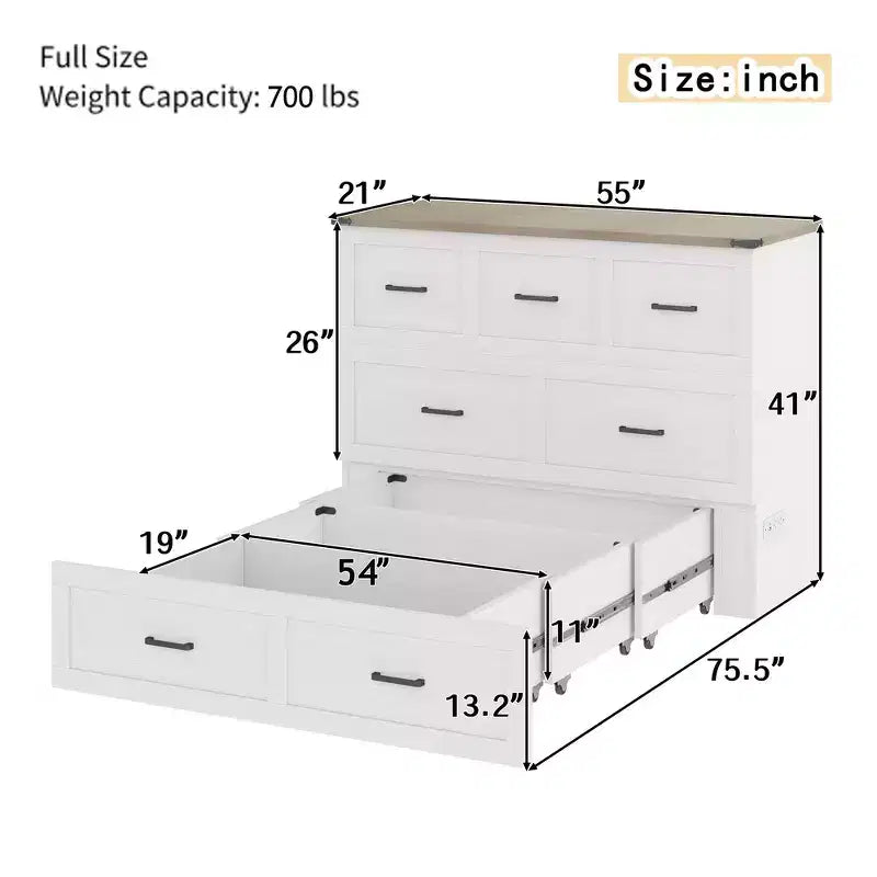 Full Size Murphy Bed Cabinet, Foldable Platform Bed Frame with Storage Drawer