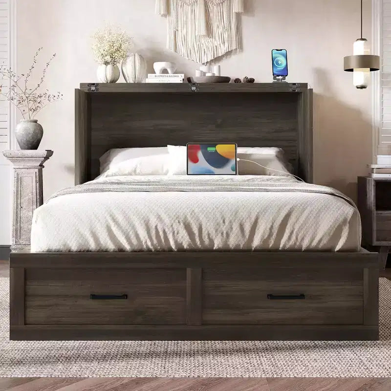 Full Size Murphy Bed Cabinet, Foldable Platform Bed Frame with Storage Drawer