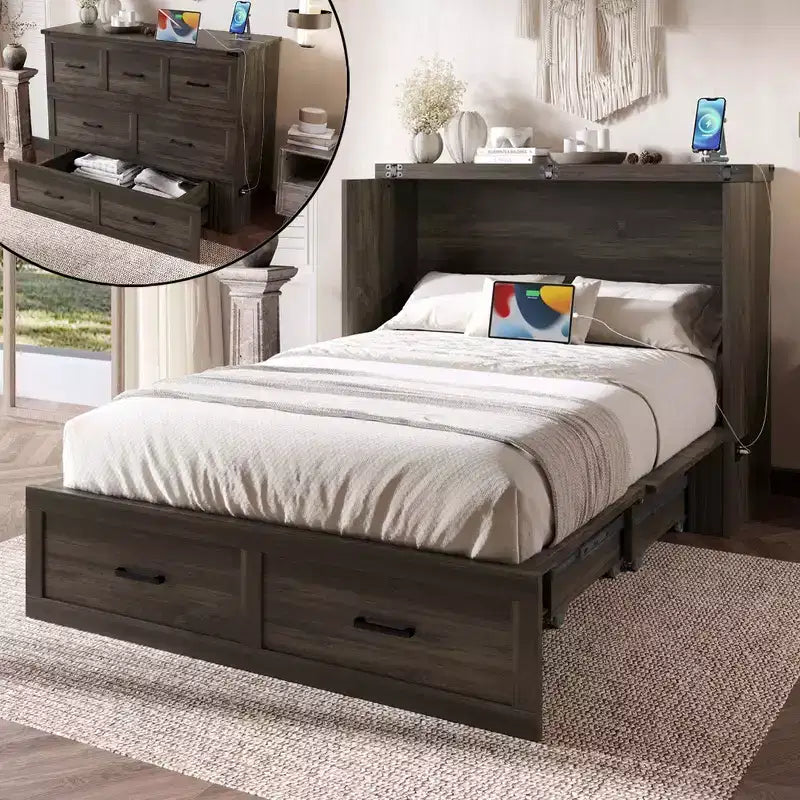 Full Size Murphy Bed Cabinet, Foldable Platform Bed Frame with Storage Drawer
