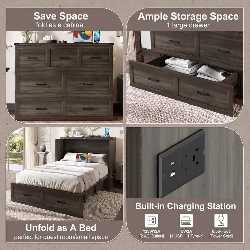 Full Size Murphy Bed Cabinet, Foldable Platform Bed Frame with Storage Drawer