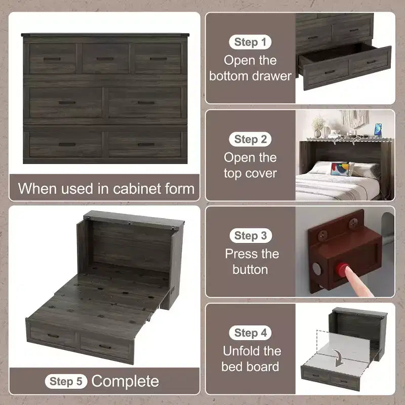 Full Size Murphy Bed Cabinet, Foldable Platform Bed Frame with Storage Drawer