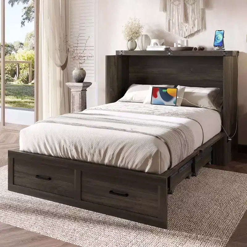 Whisen Full Size Murphy Bed Cabinet, Foldable Platform Bed Frame with 1 Large Storage Drawer