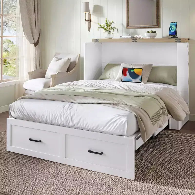 Full Size Murphy Bed Cabinet, Foldable Platform Bed Frame with Storage Drawer