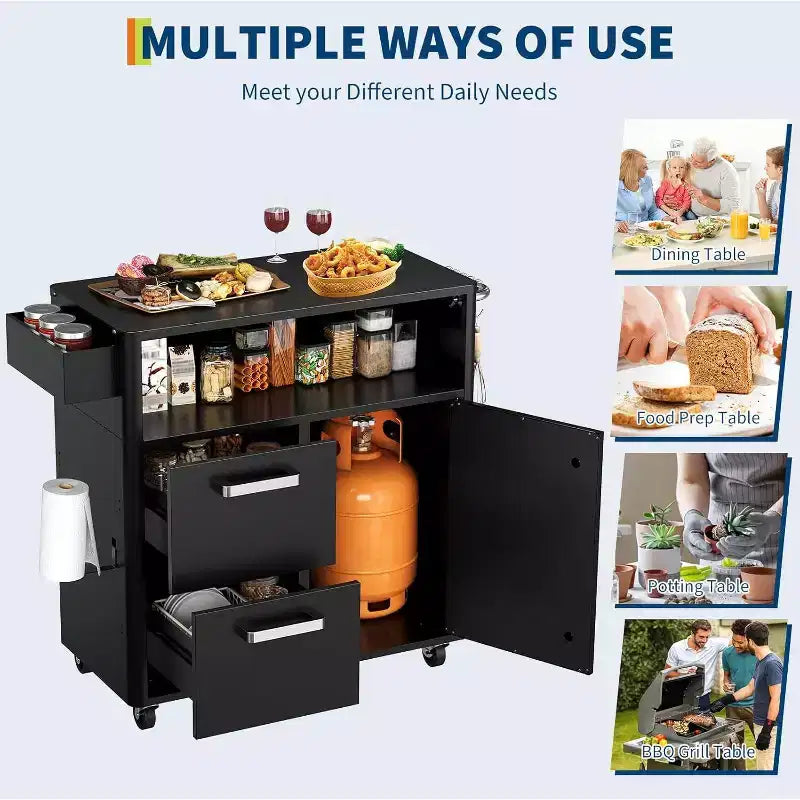 Outdoor Grill Cart with Storage, Mobile Kitchen Island with Stainless Steel Top, Locking Wheels for Food Prep and BBQ, 300 LB Capacity