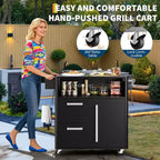 Outdoor Grill Cart with Storage, Mobile Kitchen Island with Stainless Steel Top, Locking Wheels for Food Prep and BBQ, 300 LB Capacity